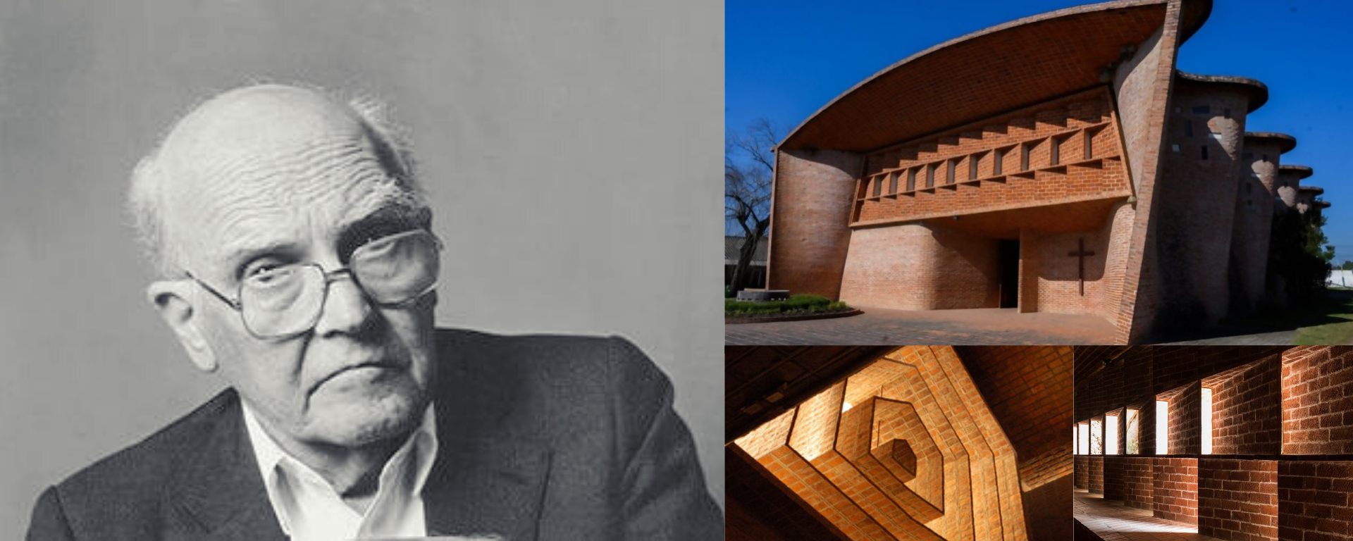 Retrato de Eladio Dieste, combinado con cuadro de Iglesia de Atlántida y detalles arquitectónicos Retrato de Eladio Dieste, combinado con cuadro de Iglesia de Atlántida y detalles arquitectónicos