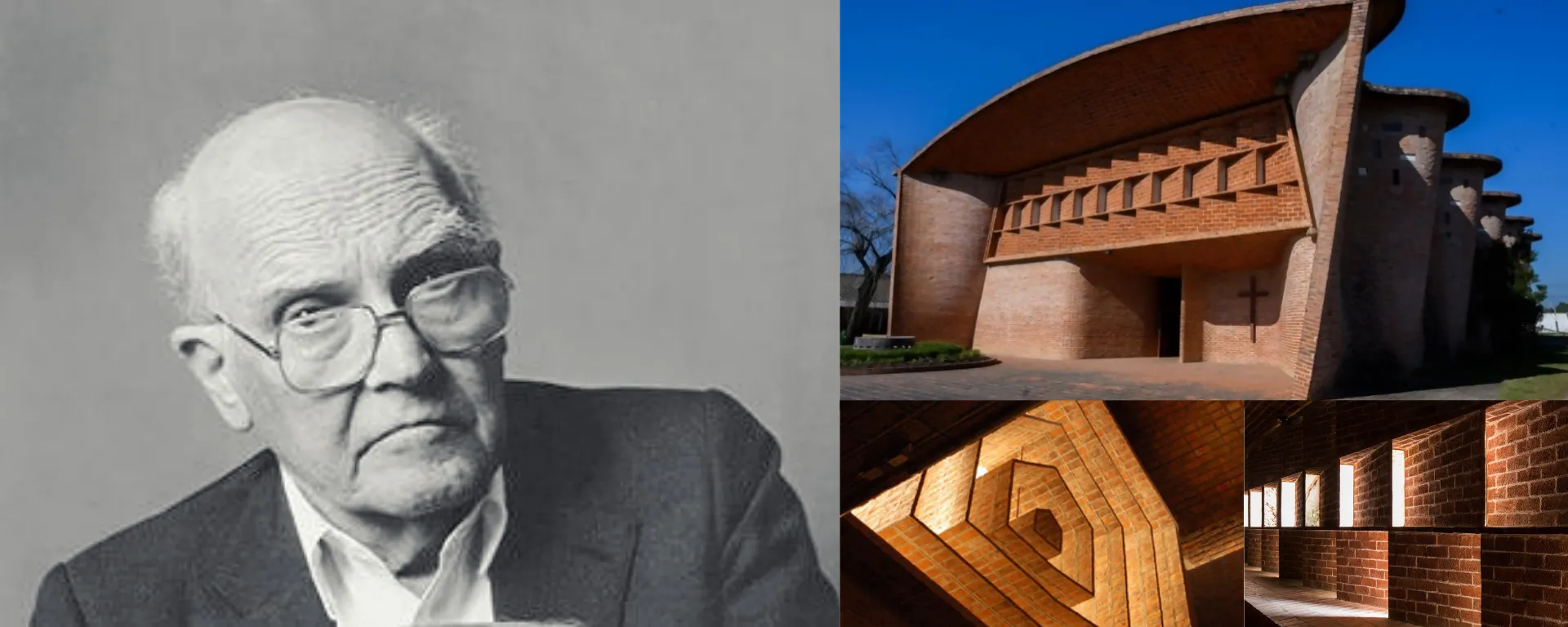 Retrato de Eladio Dieste, combinado con cuadro de Iglesia de Atlántida y detalles arquitectónicos Retrato de Eladio Dieste, combinado con cuadro de Iglesia de Atlántida y detalles arquitectónicos